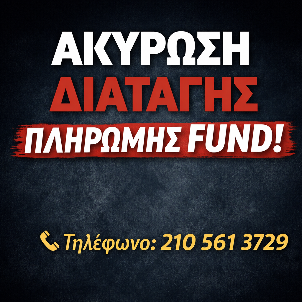 Ακύρωση διαταγής πληρωμής fund – γραφικό με έντονο τίτλο και τηλέφωνο επικοινωνίας 2105613729 για νομική υποστήριξη