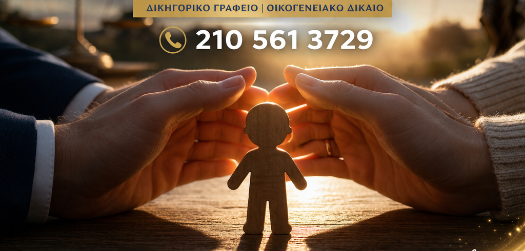 ChatGPT Image 28 Μαρ 2026, 05_06_57 μ.μ. Δικηγορικό γραφείο ΚΩΝΣΤΑΝΤΙΝΟΣ ΝΙΚΟΛΑΡΟΠΟΥΛΟΣ & ΣΥΝΕΡΓΑΤΕΣ – συνεπιμέλεια παιδιού, προστασία ανηλίκου, χέρια γονέων γύρω από παιδικό ομοίωμα με τηλέφωνο 2105613729