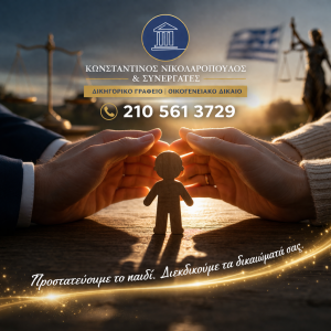 Δικηγορικό γραφείο ΚΩΝΣΤΑΝΤΙΝΟΣ ΝΙΚΟΛΑΡΟΠΟΥΛΟΣ & ΣΥΝΕΡΓΑΤΕΣ – συνεπιμέλεια παιδιού, προστασία ανηλίκου, χέρια γονέων γύρω από παιδικό ομοίωμα με τηλέφωνο 2105613729